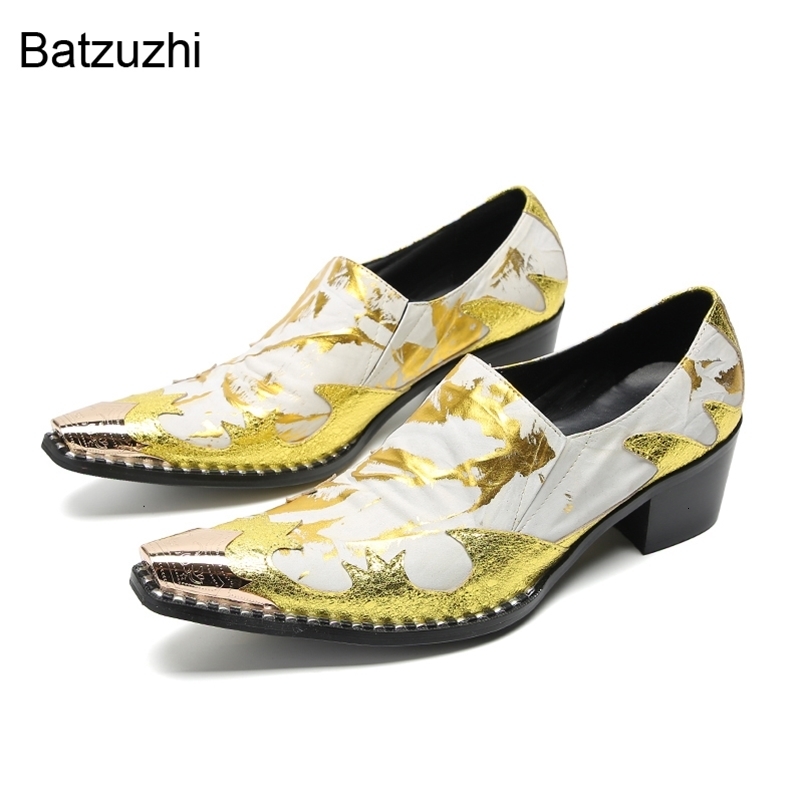 Dress Shoes Batzuzhi Italian Type Men's Shoes Gold Metal Toe Yellow Leather Dress Shoes Men Fashion Business Party and Wedding Shoes Male 230824