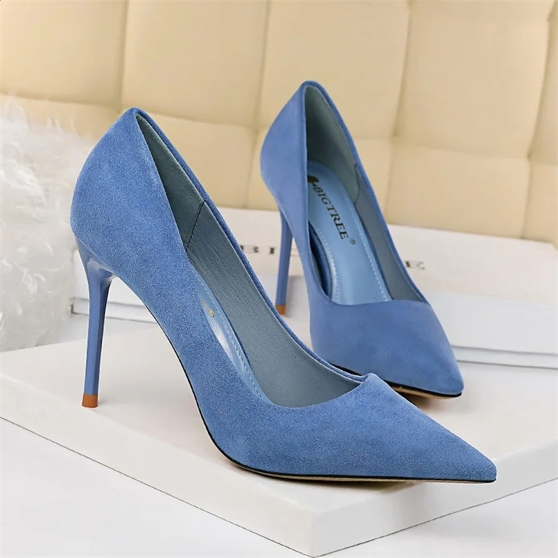 Plus Size 34-43 Women 9cm High Heels Pumps Stripper Flock Escarpins Lady Wedding Bridal Heels Evening Green Blue Yellow Shoes 241015