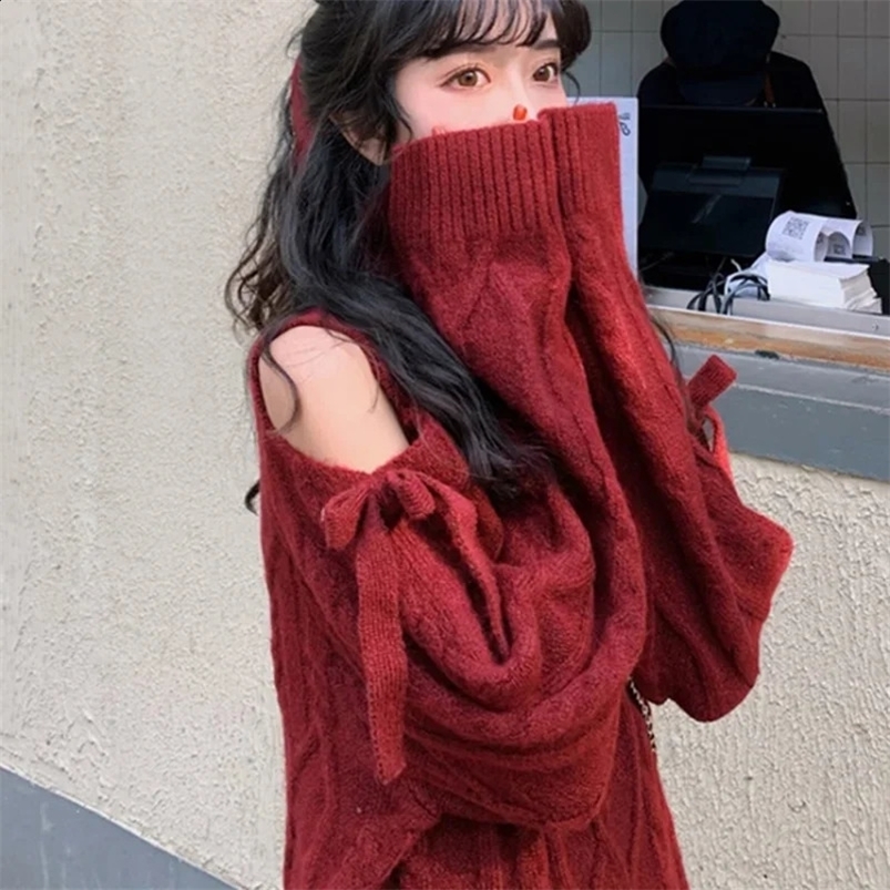 GIDYQ Christmas Off Shoulder Turtleneck Sweater Women Fashion Twist Long Sleeve Jumper Wine Red Year Loose Knitwear Winter 240824