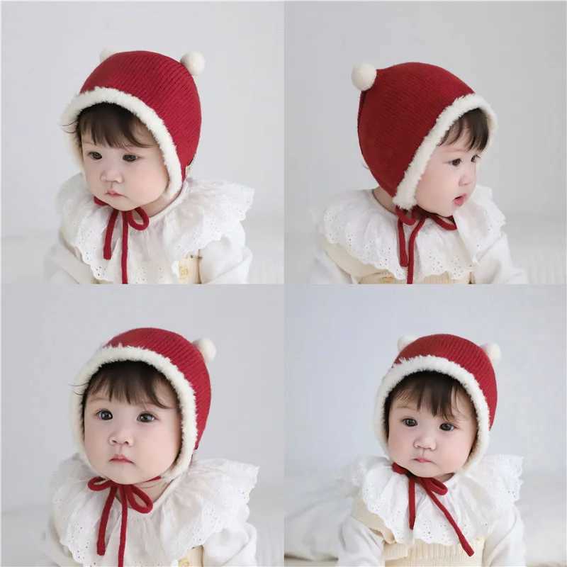 New Year Red Baby Pullover Cap Winter Warm Newborn Ear Protection Hat Fluffy Fur Edge Headgear Bonnet 220M Kids Knitted Beanies Z251029