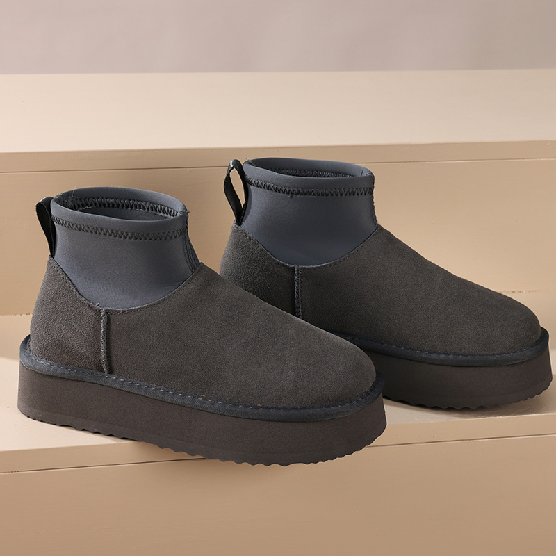 hot free shipping designer shoes Winter new thick soled cowhide wool snow boots for women added fleece keep warm cotton shoes black grey brown