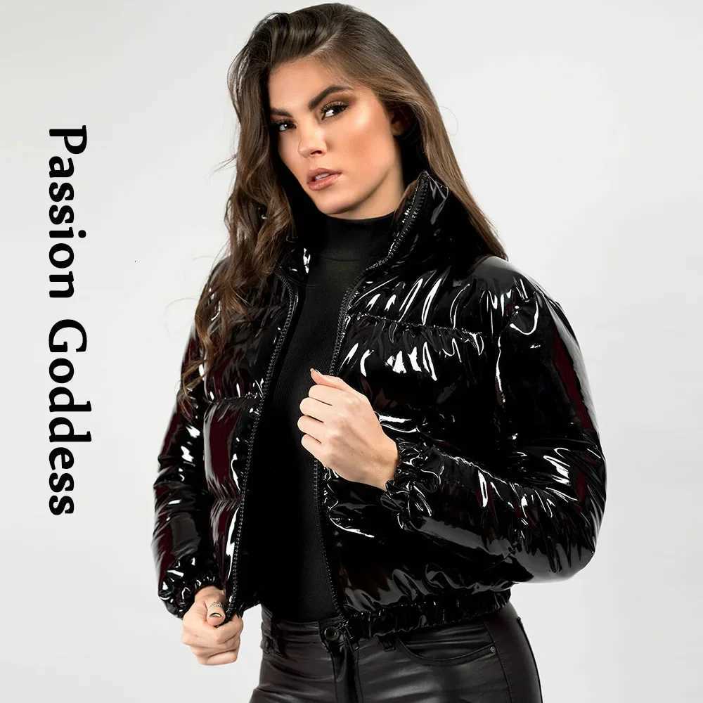 Winter Women Shiny Leather Puffer Jacket Cropped Parka Down Warm Thick Bubble Coats Black PU Leather Parkas Loose Zipper Jackets Z250923