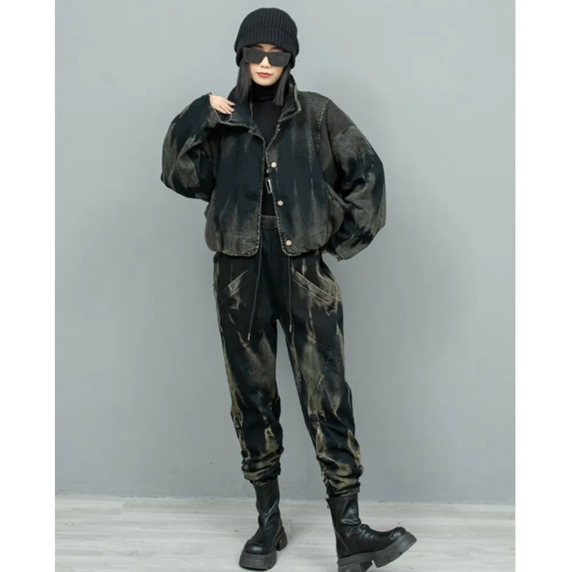 Personalized retro denim patch work knit wool jacketsmall leg harem pants two-piece set for women autumn/winter ZF239 241010