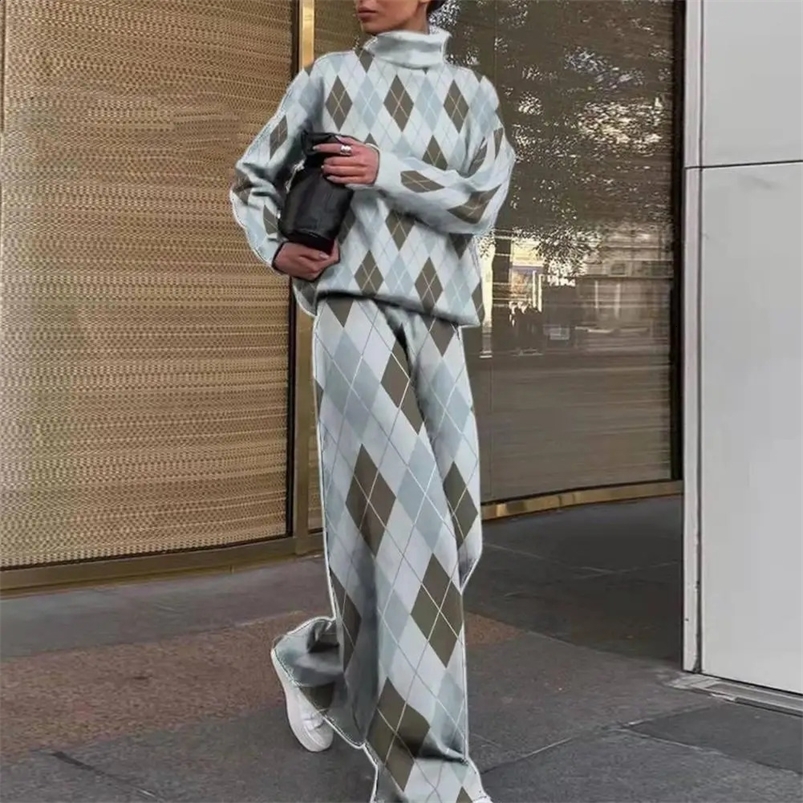 Turtleneck Rhombus Pant Sets Women Outfit Autumn Vintage Plaid Pullover High-Waist Straight Wide Leg Pants Blouse Trousers 240826
