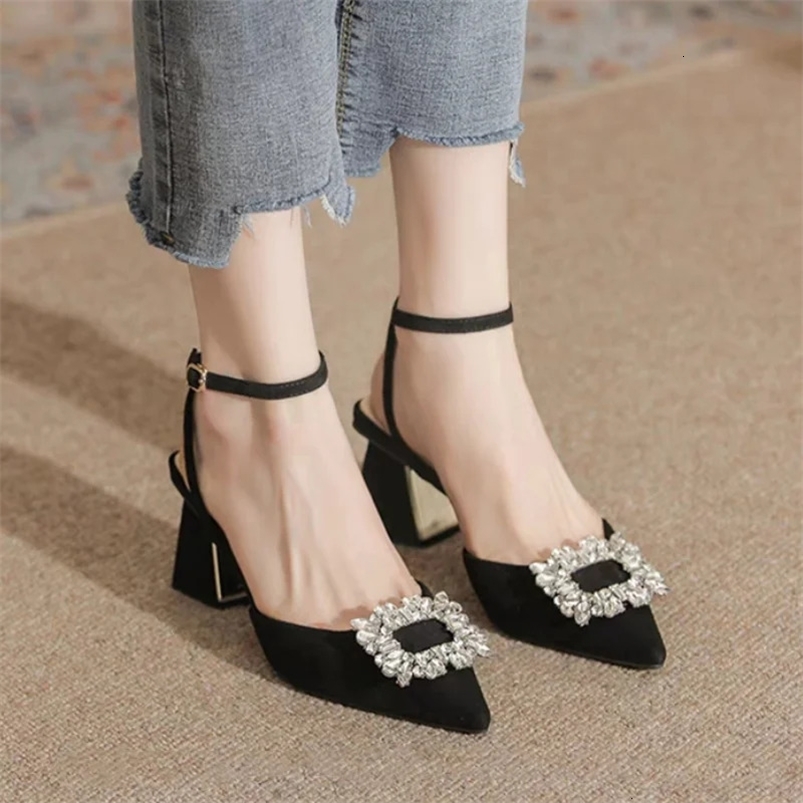 Rimocy Ankle Strap Crystal Sandals for Women Pointed Toe High Heels Sandalias De Mujer Shiny Rhinestones Square Heeled Pumps 240528