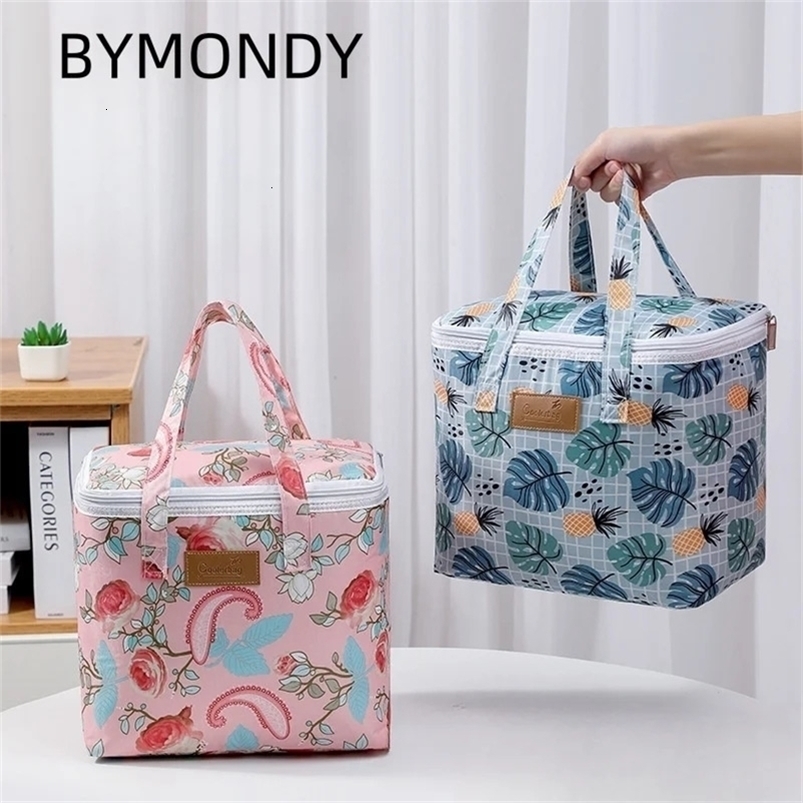 BYMONDY Square Large Cooler Bag for Women Floral Lunch Bags Picnic Food Meal Storage Container Family Party Lunch Box Portable 240514