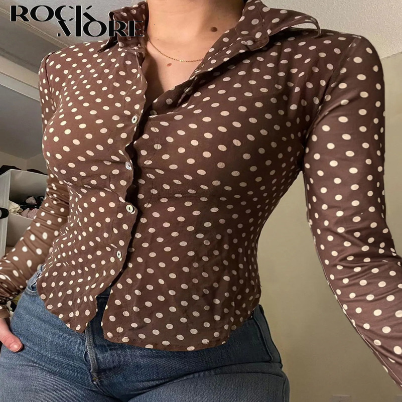 Rockmoer Vintage Polka Dot Print Long Sleeve Women Blouse Elegant Slim Turn-down Collar Ladies Shirts Spring Office Casual Tops 250417