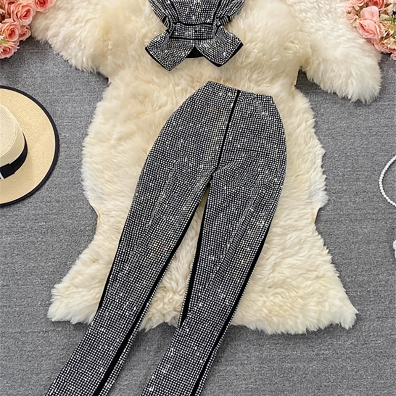 Sexy Women Black/White Diamonds Two Piece Set Party Slash Neck Off Shoulder Camis Tops High Waist Pants Female Suit Autumn 240826