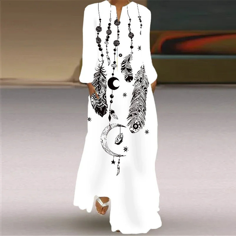 Bohemian Long Sleeved Loose Fitting Womens V-neck Casual Dress Pocket Printed Womens Clothing 250122