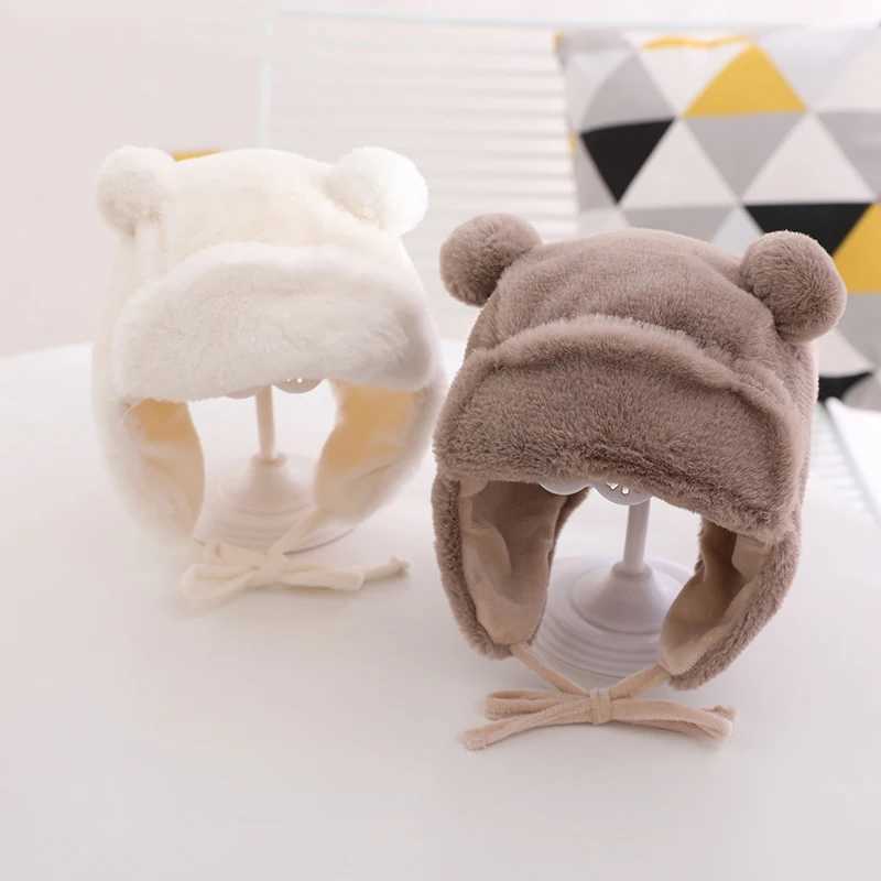 Cute Bear Baby Ear Protection Beanies Infant Plush Earflaps Cap Soft Furry Winter Warm Hat Kids Girl Boy Soild Bonnet Fit 8M3Y Z251029