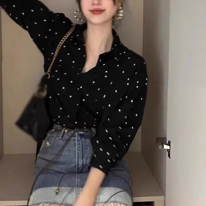 Retro Lapels Long Sleeved Shirt tie Streetwear Contrast Color Loose Fit Polka Dots All-Match Office Style Base Top Summer 250417