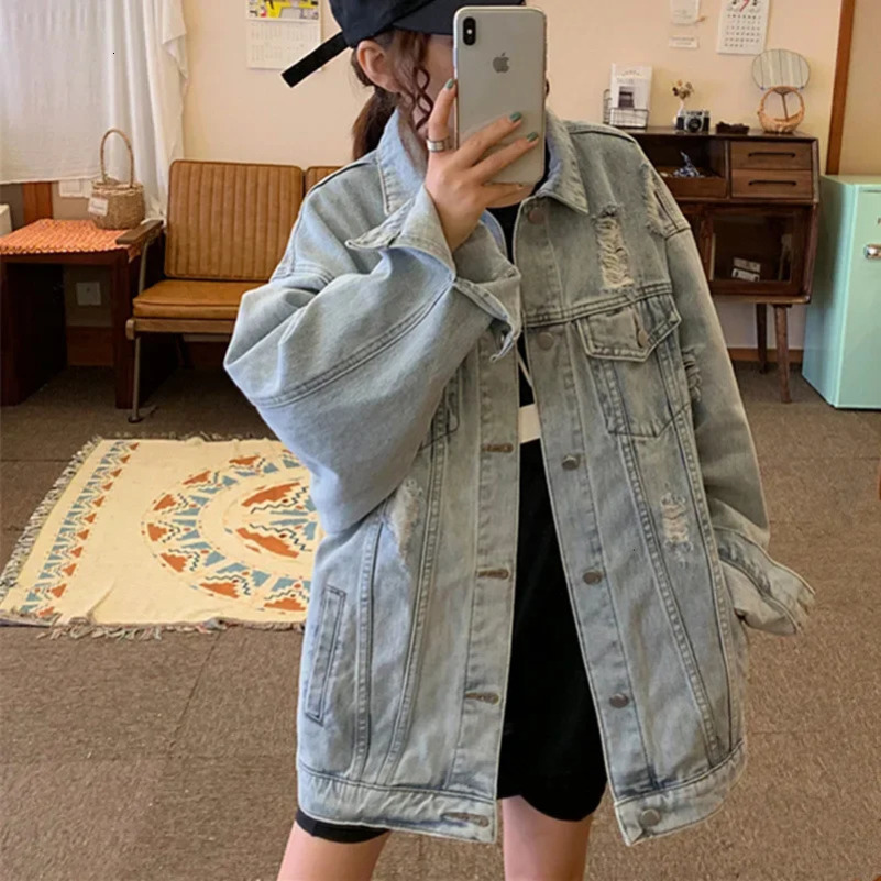 Denim Coat Women Hole Jackets Casual Jacket Turn Down Collar Y2k Tops Coats Single Breasted Elegant Spring Autumn Outerwear 250122