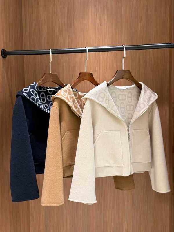 Women's Jackets Designer 2025 Autumn Winter New H Double-Sided Cashmere Zipper Short Pig Nose Simple Elegant Wool Coat with Hood for Women BVIF