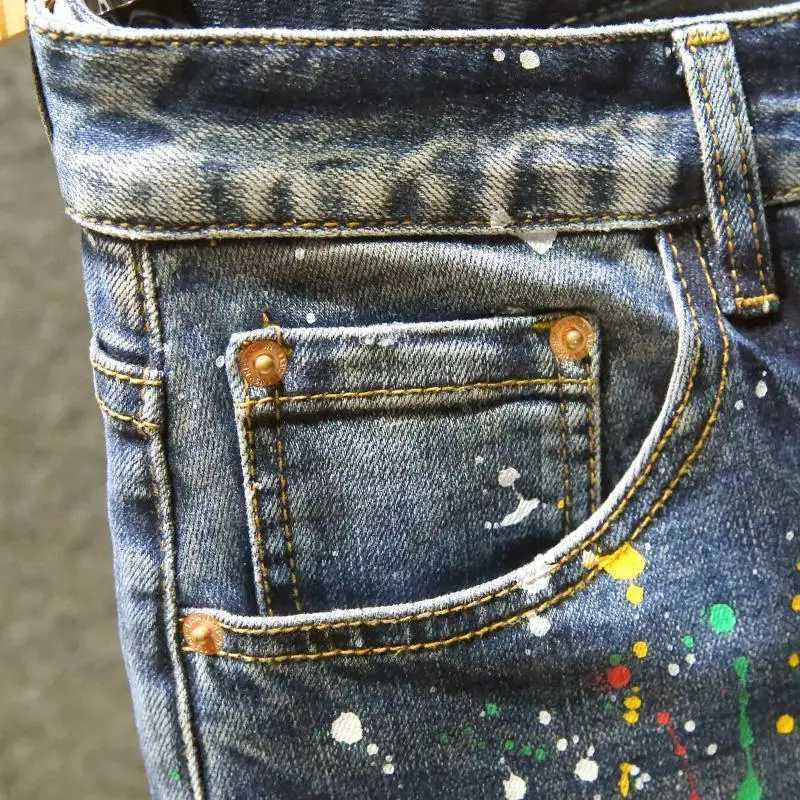 Spring Autumn Designer Clothes Mens Korean Stylish Slim Fit Jeans Fashion Trendy Painted Denim Pants Ink Stretch Skinny Pants L250923