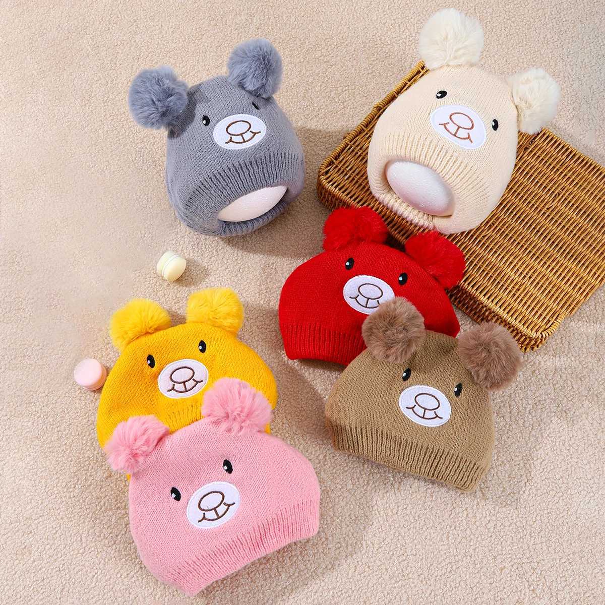 Cute Bear Beanie Cap for Baby Boy Girl Cartoon Pompom Warm Knitted Hat Neck Cover Autumn Winter Toddler Ear Protection Caps Z251029