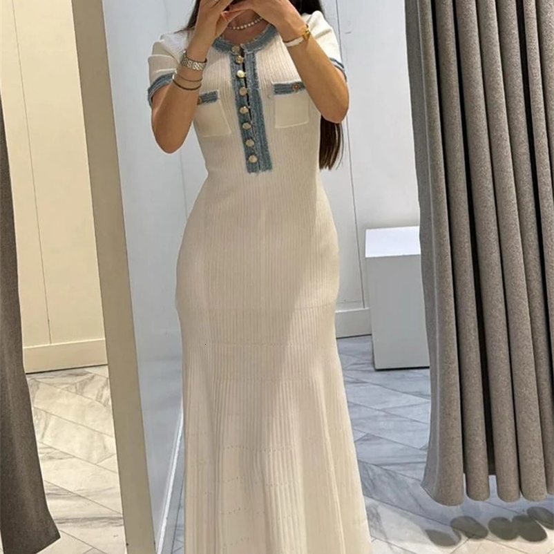Womens Metal Single Breasted Knit Maxi Dress Fashion V-neck Pleated Wrapped Hip Bodycon Dresses Elegant High Street Robes 240715