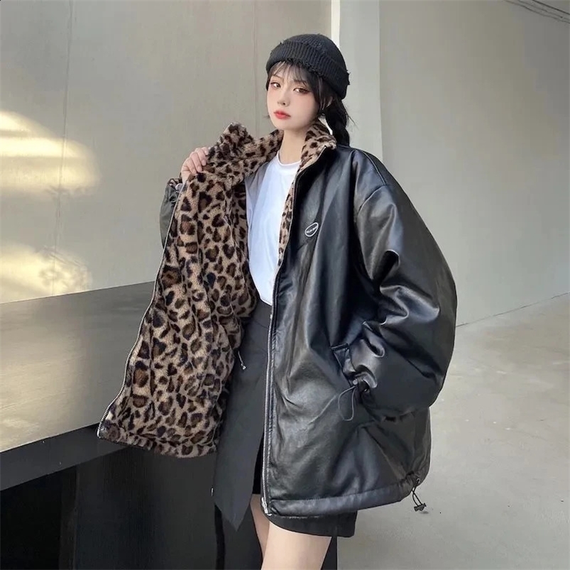 Autumn Pu leopard print jacket womens winter fashion double-sided stand up collar warm jacket Y2K loose streetwear Korean style jacket 241021