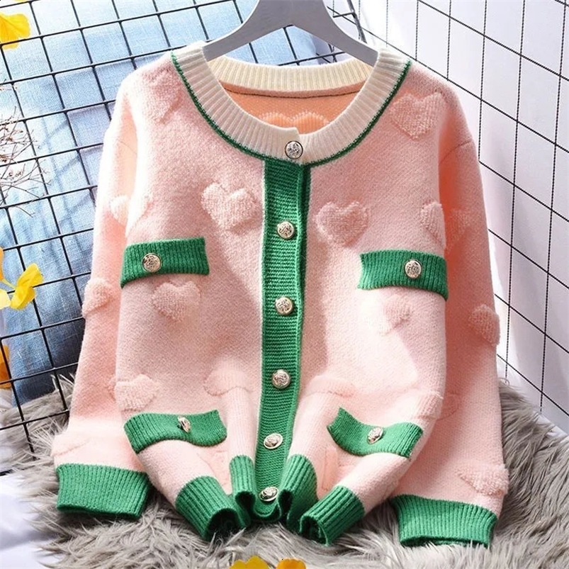 Spring and Autumn Fashion Trend Color Matching Lazy Style Loose Versatile Round Neck Long Sleeve Knitted Womens Cardigan Coat 240824