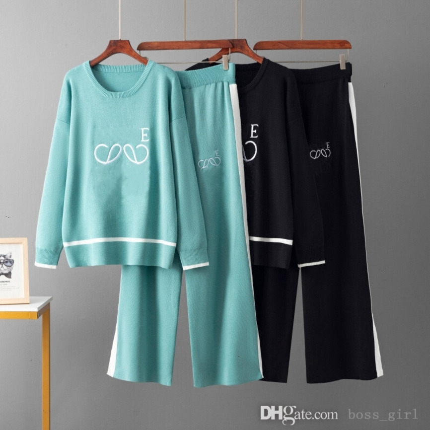 Women Tracksuits Two Pieces Set Designer 2025 New Fashion Solid Color Round Neck Embroidered Knit Loose Fit Woolen Casual WideLeg Pants Set Autumn Winter