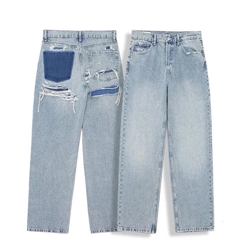 EOTVOT Blue Vintage Women Casual Strtwear Denim Pants Hole Trousers Patchwork High Waisted Y2k Jeans Z260313