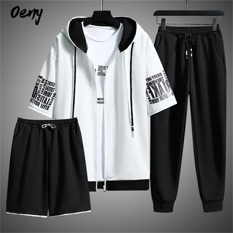 Sweat Suit Summer Men's Sets Hooded Zipper Short Sleeve TopsTrousersShort Men Clothing 3Piece Set Streetwear Tracksuit Men 220803