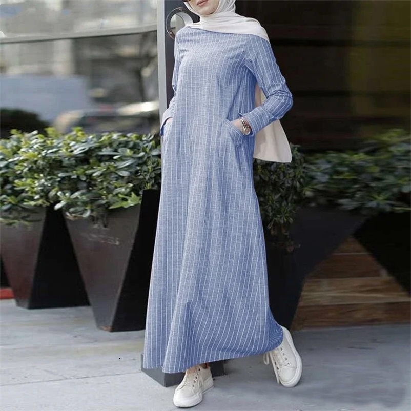 Female Muslim Long-sleeved Robe Cotton and Linen Striped Round Tie Pocket Long Skirt Casual Loose Street Womens Dress 240529