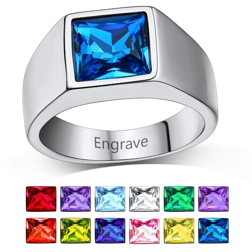U7 Men Personalized Signet Rings Stainless Steel Ring with Rectangle Gemstone Birthstones Size 7-14 Gift for Him Dad Father 240530
