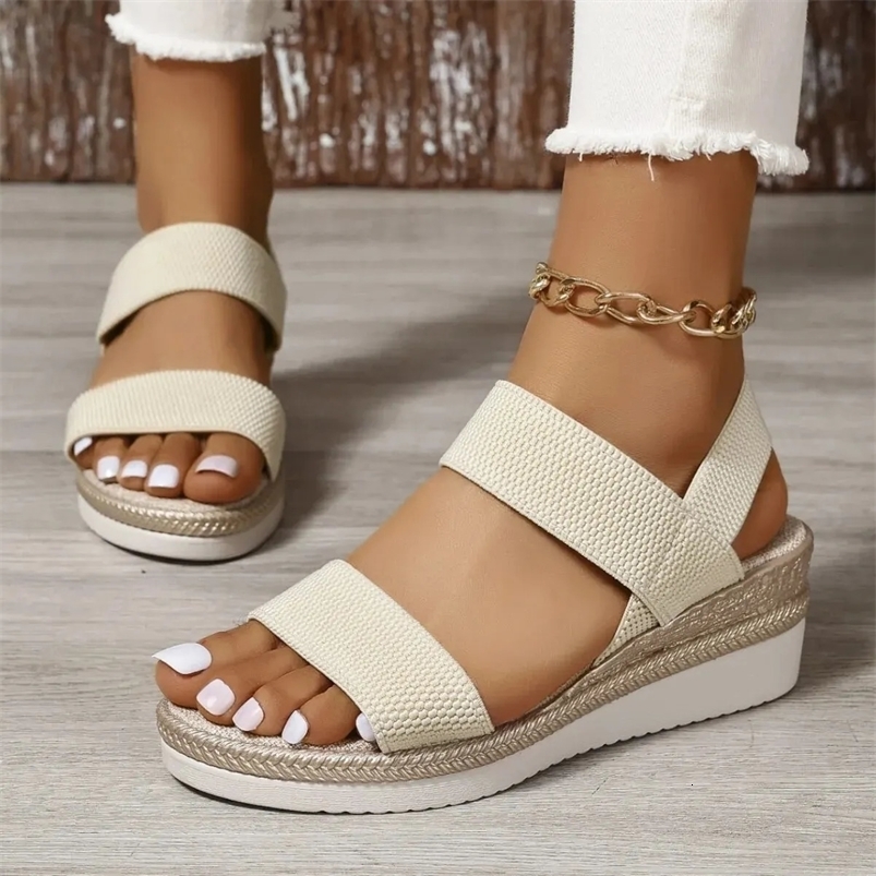 Stretch Fabric Knitted Wedge Sandals Women Back Elastic Band Platform Sandles Woman Super Size Summer Thick Sole Beach Sandalias 240528