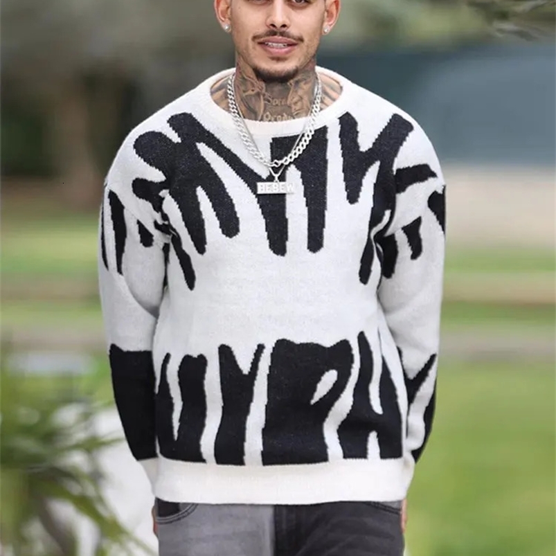 Autumn and Winter Abstract Letter Jacquard Sweater Mens Color Contrasting Round Neck Retro Loose Knitted Sweater 240821