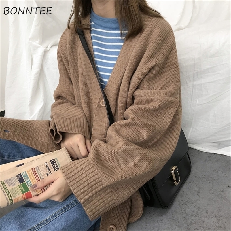 Sweaters Women Knitting Cardigans Casual Spring V-Neck Long Sleeve Daily Solid Mujer Clothes Single Breasted Brown College 220818