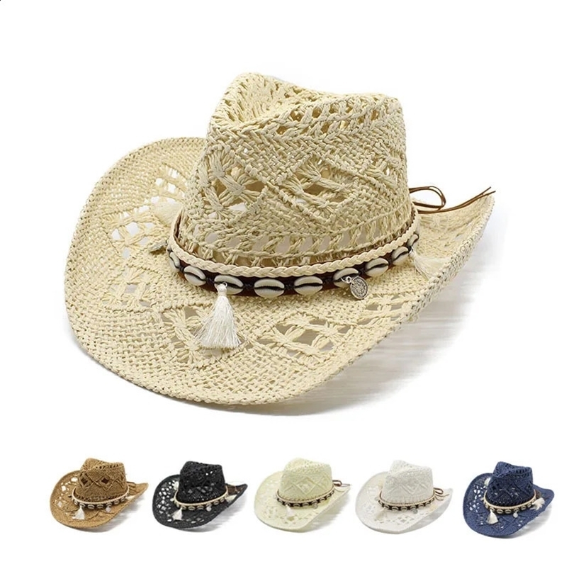 Western Cowboy Hat for Women Men Paper Straw Wide Brim Beach Cap UV Protection Cowgirl Fedoras Mens Hats Sombrero Hombre 241227