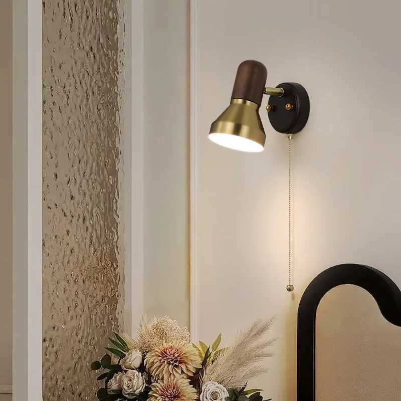 Retro LED solid wood wall lamp with zipper switch living room aisle bedroom bedside lamp with adjustable angle reading lighting C251124