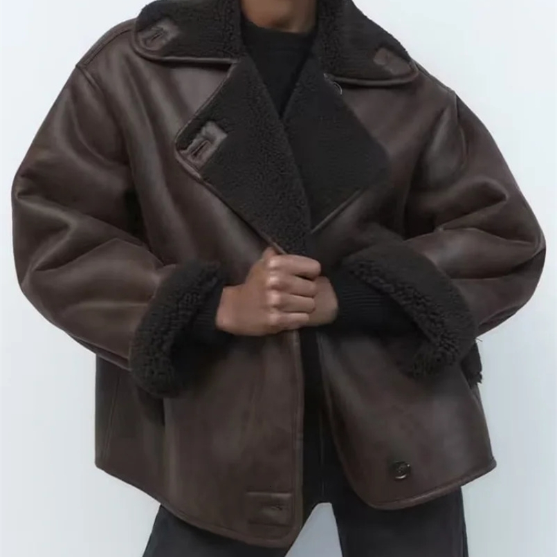 Winter Women Fleece Coat Moto Biker Pockets Solid Jacket Fashion Casual Office Clothes Female Loose Single Breasted Outwear 241105