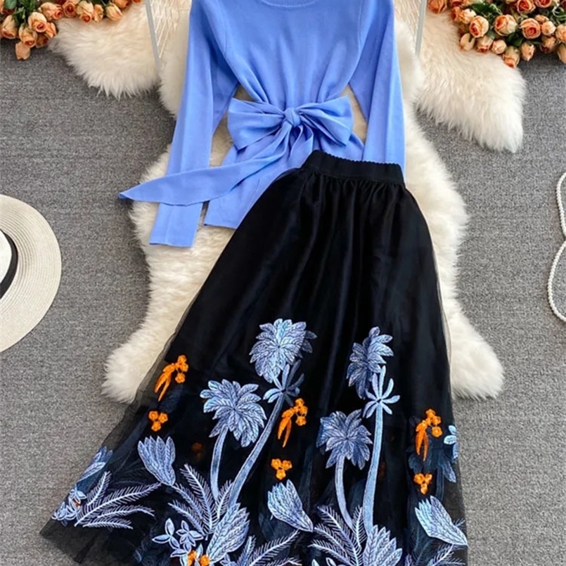 XFPV Sweet Casual Two Piece Set For Women Mesh Embroidery Bow Patchwork High Waist A-line Skirts Suit Autumn SN3392 240820