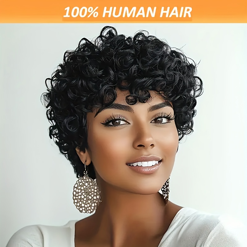 Wig Human Hair 6 inch Short Curly Wigs None Lace Front Wigs with Bangs 180% Density 100% Human Hair Wig