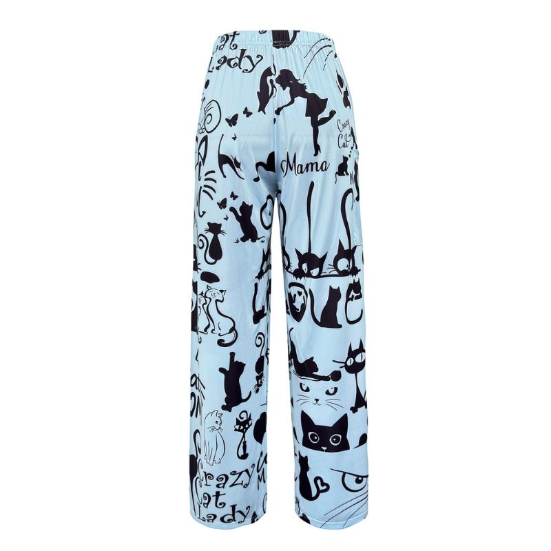Women's Casual Cat Print Straight Leg Pants, Loose Trousers with Big Pockets for Autumn-CF40007