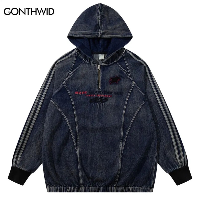 Vintage Denim Hoodie Jacket Y2K Embroidered Half Zip Up Oversized Hooded Jean Sweatshirt Coat Streetwear Hip Hop Baggy Pullover 240822