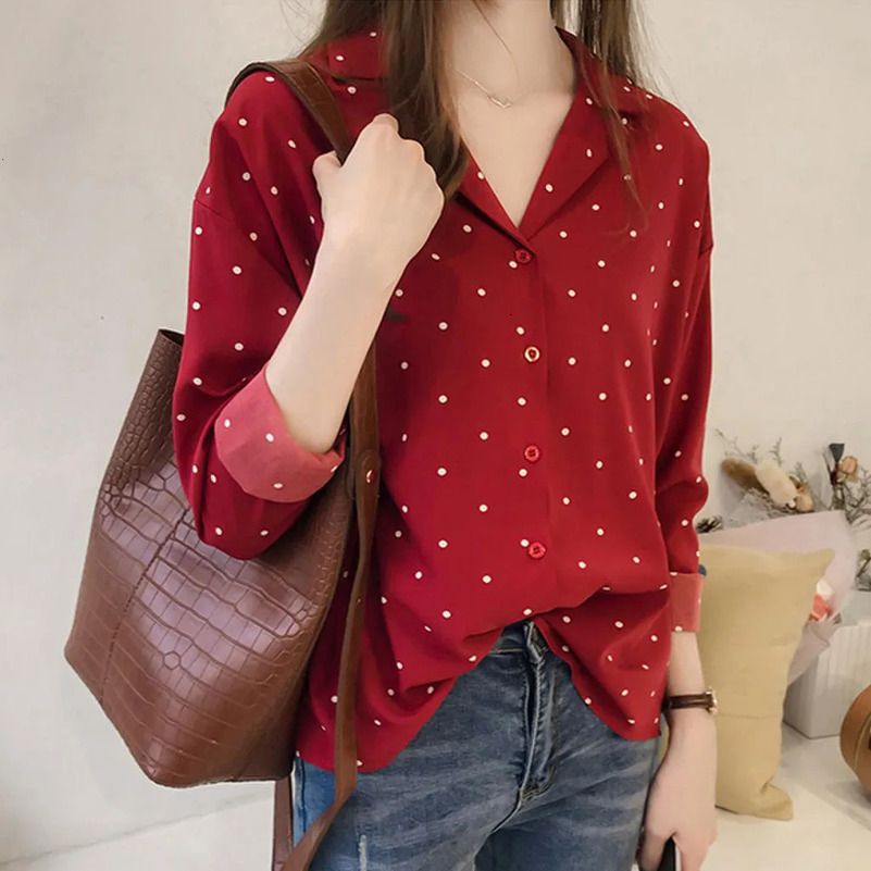 Women Casual Long Sleeve Polka Dot Turn-Down Collar Tops Button Shirts Female Autumn Commute Vintage Camisas De Mujer Elegant 250417