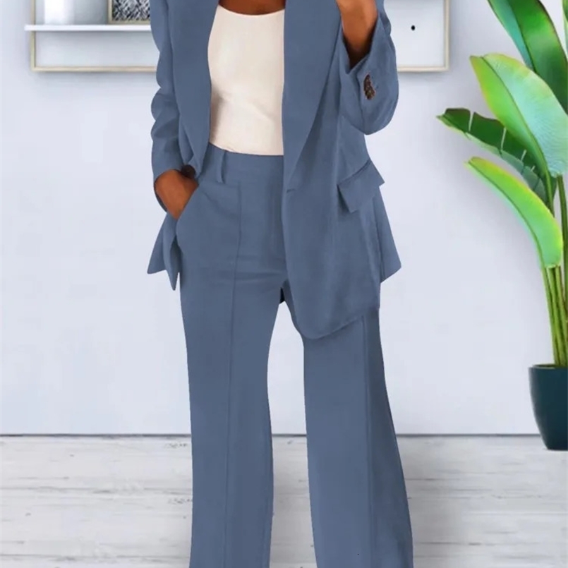 Autumn Winter Solid Color Blazer Women Long Sleeve Suit Simple Casual Pocket Fashion Temperament Female Office Pants 2 Piece Set 240826