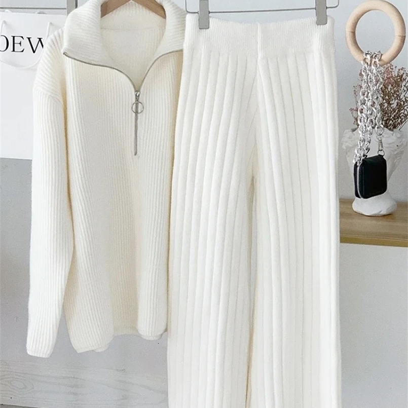 Autumn and Winter Zipper Sweaters Set Thickening Warm Knitted High Waist Women Pants Suit White Elegant Two Piece Set for Women 240820CJ