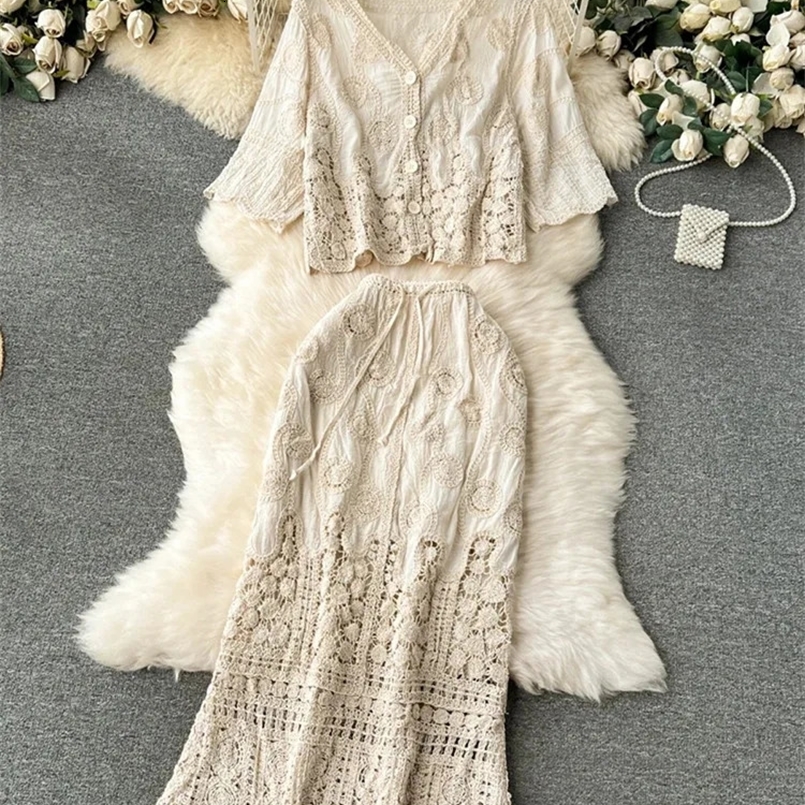 XFPV Women Bohemian Holiday Style Crochet Single Breasted Coat Elastic Waist Hollow Out Skirt Two Piece Set Spring SM10388 240820