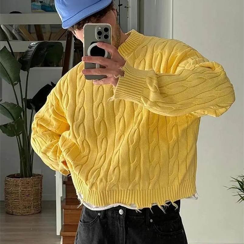 Casual Yellow Half Turtleneck Sweater Men Fashion Long Sleeve Tassel Knitted Pullover For Autumn Lazy Long Sleeve Knitted Jumper 240821