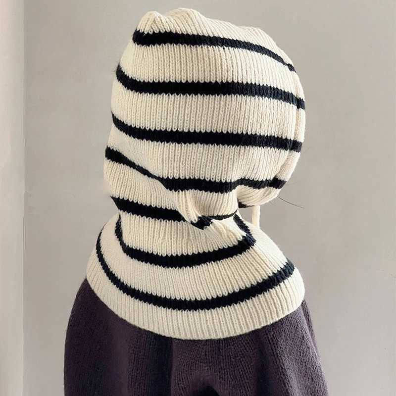 Winter Knitted Kids Hooded Beanie Fashion Striped Girls Boys Balaclava Hat Children Windproof Warm One Piece Scarf Cap Z251029