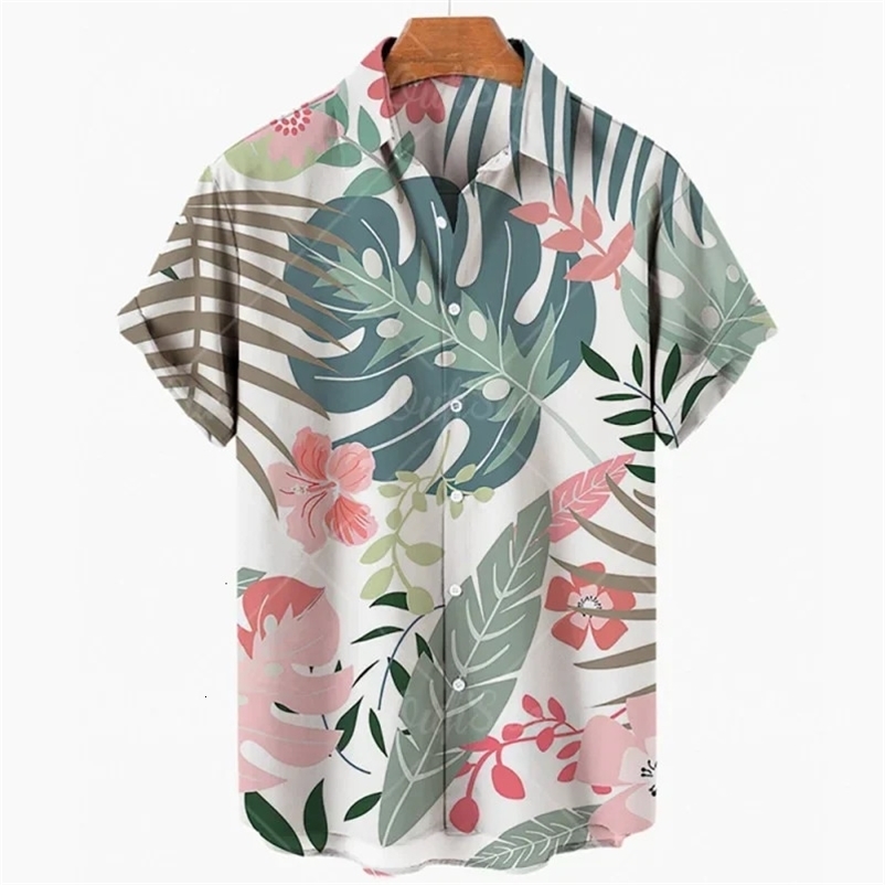 Summer Mens Leaves Elegant Floral Social Hawaiian Short Sleeve Oversized Casual Shirt Printing Vacation Style Harajuku Camisa 240529