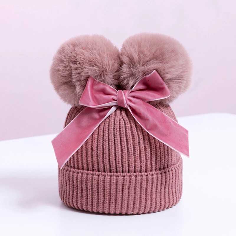 Baby Double Pompom Hat Velvet Bow Winter Girls Warm Knit Thicker Pom Hats Ball Children Beanie Cap Kids Bonnet Casquette Z251029