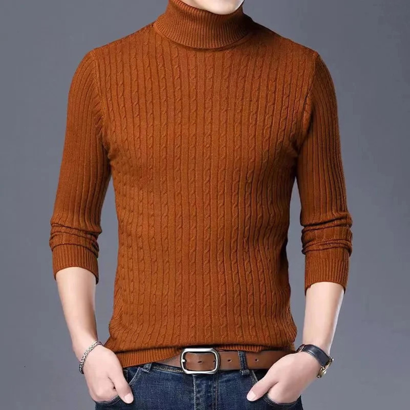 Mens knitted sweater winter wool turtle neck mens long sleeved ultra-thin high neck sweater solid color mens clothing 241113