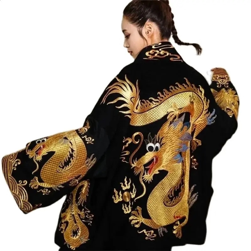 Spring Autumn Printing Dragon Coat Women Fashion Loose National Wind Black Cardigan Jacket Embroidery Outerwear Female 240819