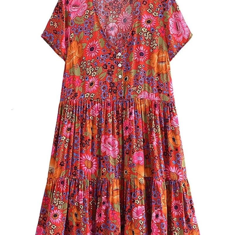Vintage Chic Women Short Sleeve Floral Print Fashion Beach Bohemian Mini Dress Ladies V-neck Summer Rayon Cotton Boho Dresses 240529