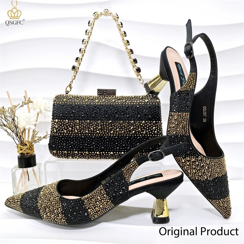 QSGFC Womens High Quality Pump and Bag Italian Fashion Black Gold Nigeria Wedding Party Bag 240926bj