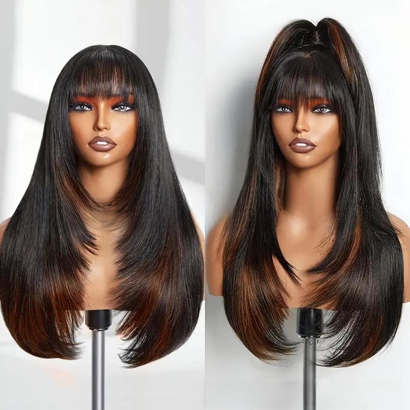 Black Straight Long Layered Wig With Bangs For Women High-Quality Hair - Manufacturer Direct Sales